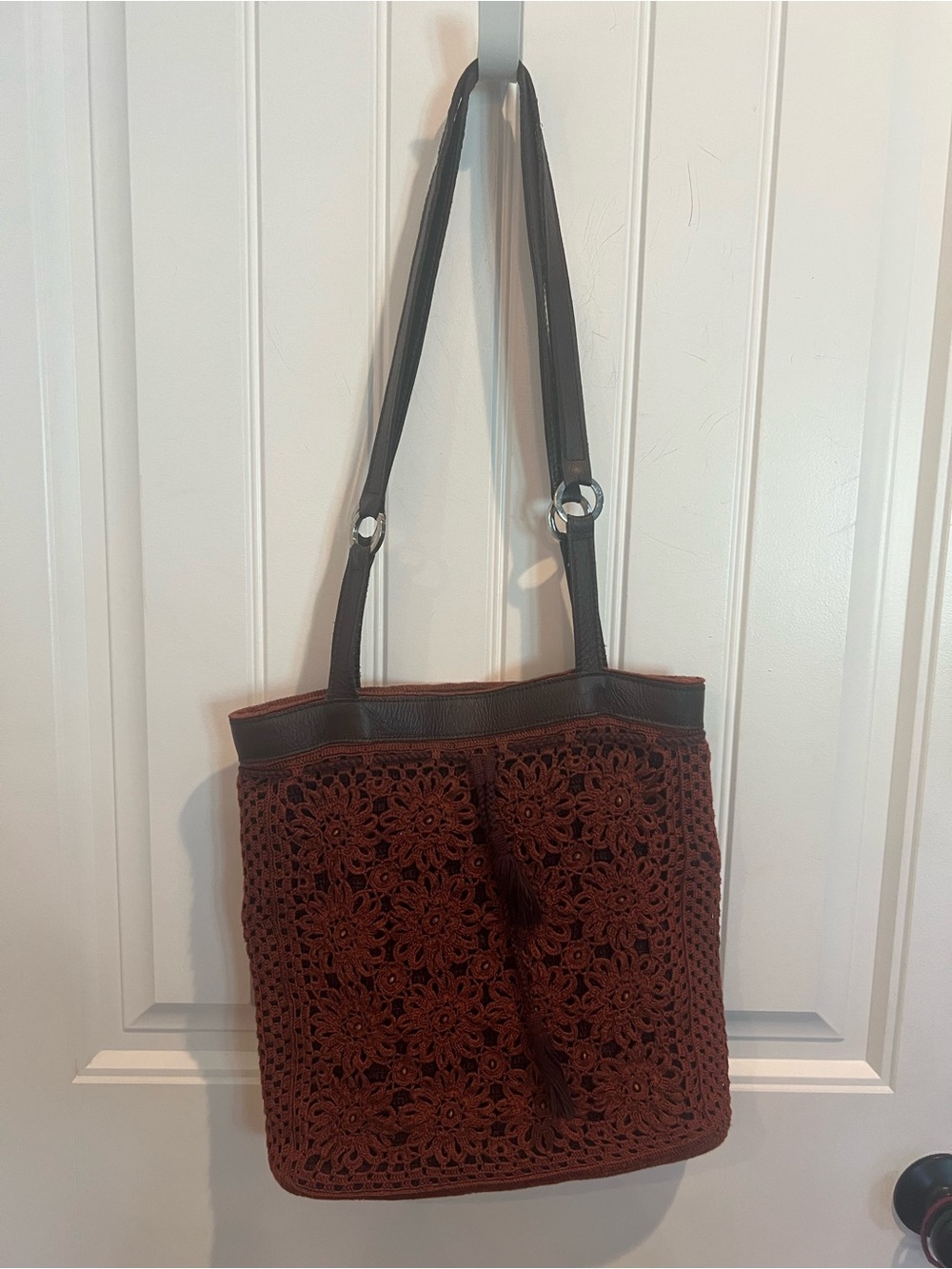 Peruvian Connection Brown Crochet Floral Tote - Boho Artisan Shoulder Bag